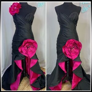 Y2K Mori Lee 8763 Ruched Bodice Dramatic High-Low Skirt w/Floral Hip Accent Gown